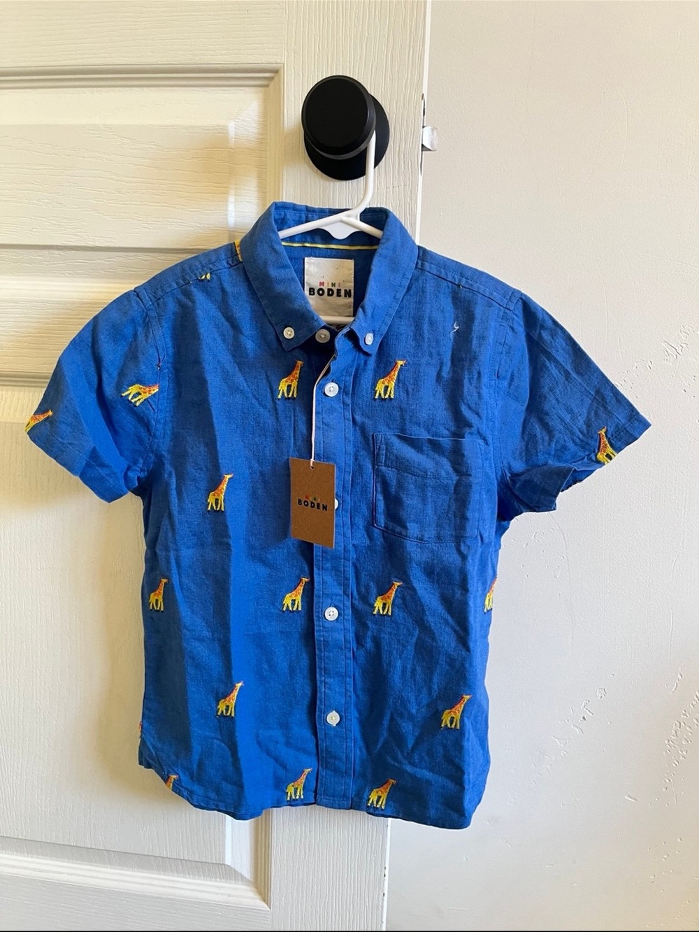 Mini Boden Blue Short-Sleeve Button-Down Shirt with Giraffe Embroidery